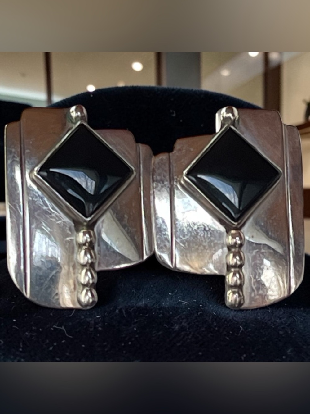 Modernist Sterling Silver Black Onyx Geometric Earrings Bold Statement